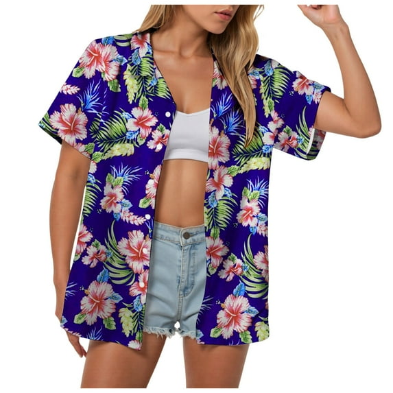 Pimfylm Hawaiian Shirts for Women Hawaii Tropical Button Down Tops Summer Beach Vacation Outfits Floral Short Sleeve Blouses Purple, S