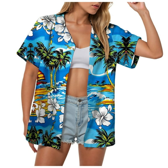 Pimfylm Hawaiian Shirts for Women Hawaii Tropical Button Down Tops Summer Beach Vacation Outfits Floral Short Sleeve Blouses Sky Blue, S