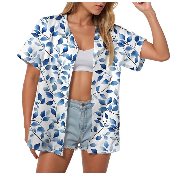 Pimfylm Hawaiian Shirts for Women Hawaii Tropical Button Down Tops Summer Beach Vacation Outfits Floral Short Sleeve Blouses Sky Blue, XXL