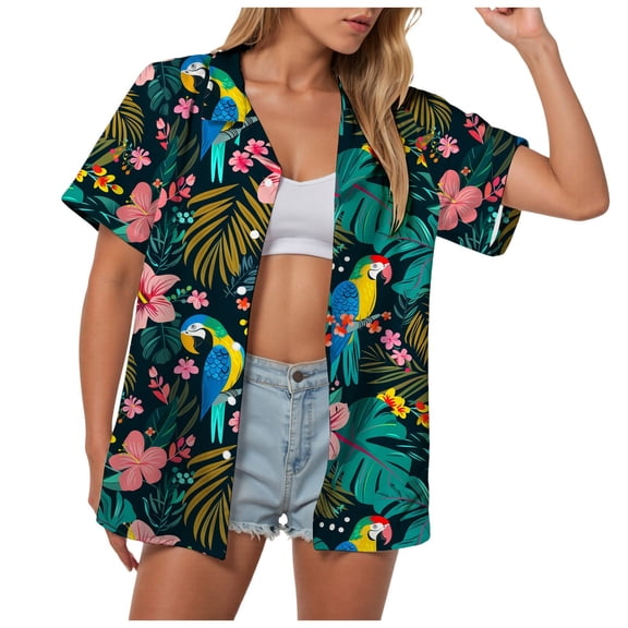 Pimfylm Hawaiian Shirts for Women Hawaii Tropical Button Down Tops Summer Beach Vacation Outfits Floral Short Sleeve Blouses Red, L