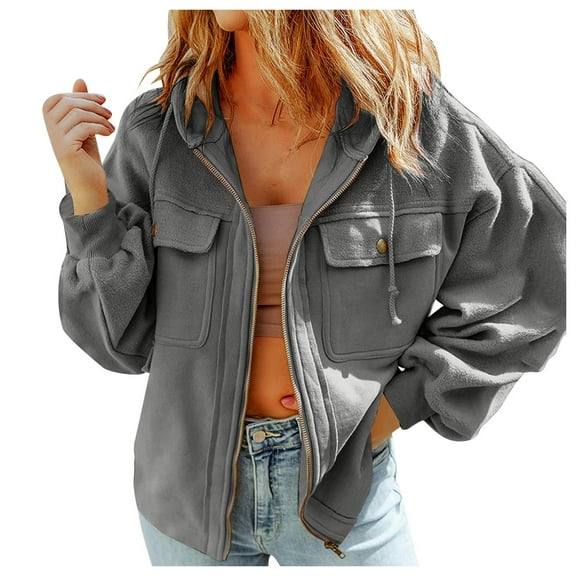 Pimfylm Jackets for Women Casual Long Sleeve Collared Jacquard Coats Trendy Button Down Shacket Jacket with Pockets Grey, XXL