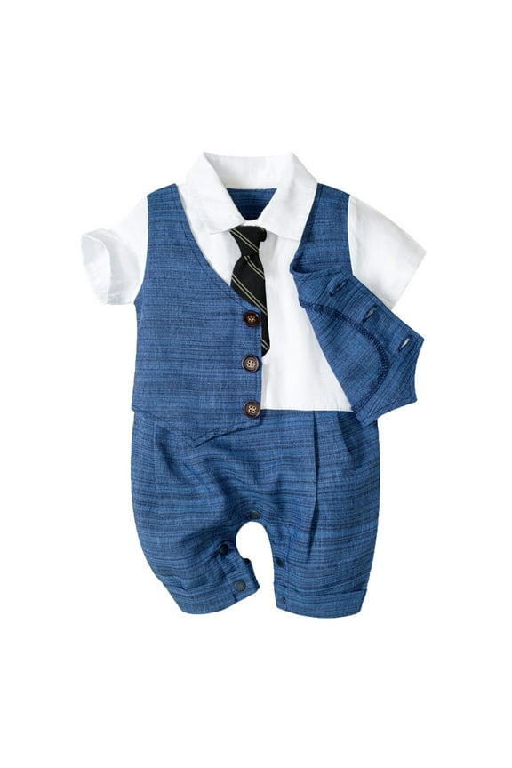 Kids Tuxedo Suits for Boys Shorts Set Baby Toddler Boy Formal Gentleman Suits,Dress Short Shirt With Bowtie+Suspender Pants Dressy Outfit 1PC Blue,Size for 0-3 Months