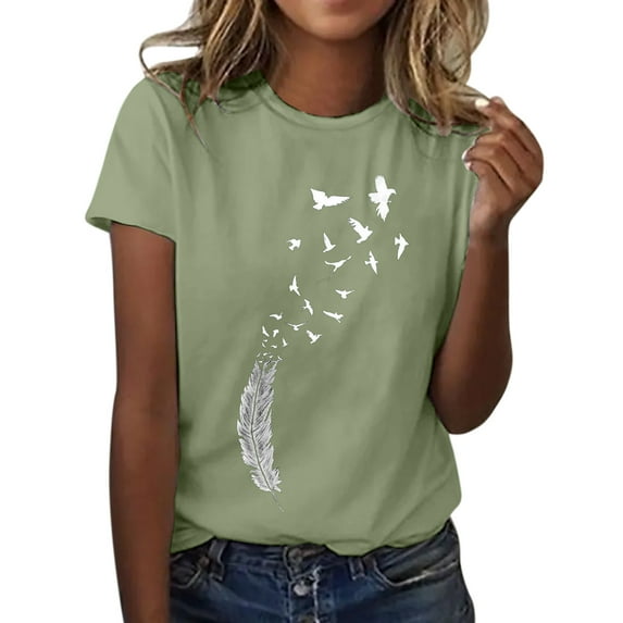 Pimfylm Ladies Feather Print Pattern Round Neck Short Sleeve TShirt Top Green L