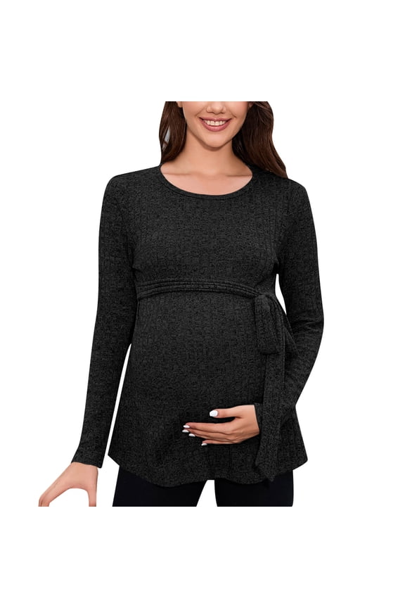 Long Sleeve Maternity Shirt Cotton Shirt Long Sleeve Basic Top Ruch Sides Bodycon Tshirt for Pregnant Women Black,Size for XXL