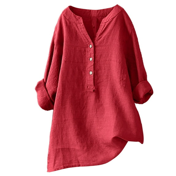 Pimfylm Loose Button Down Blouse Tops Stand Solid Sleeve Collar Long Casual Women Shirt Women's Blouse Red S