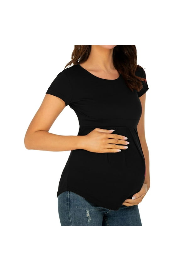Maternity Short Sleeve Shirt Ribbed Women’s Nursing Top Short Sleeve Crew Neck Nursing Shirt Breastfeeding Shirt Pregnancy Clothes Black,Size for XL
