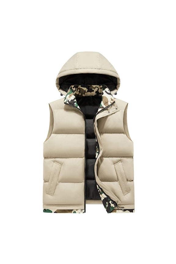 Men's Down Cotton Vest Fashion Sleeveless Warm Hooded Zipper Quilted Vest Solid Color Camouflage Side Coat Top