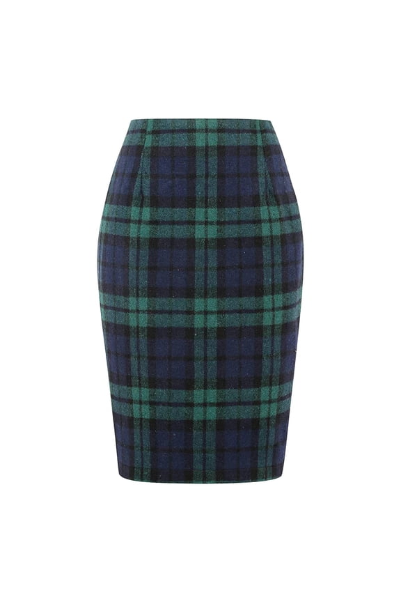 Midi Plaid Skirts for Women Fall Winter Knee Length Pencil Wool Skirt with Slit Green, XXL