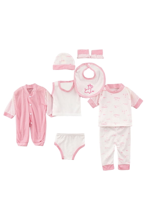 Newborn Layette Gift Set 8PCS Baby Boy Girl Tops+Hat+Pants +Bib+Sock Shoes+Romper Outfits Set Pink,Size for 0-3 Months