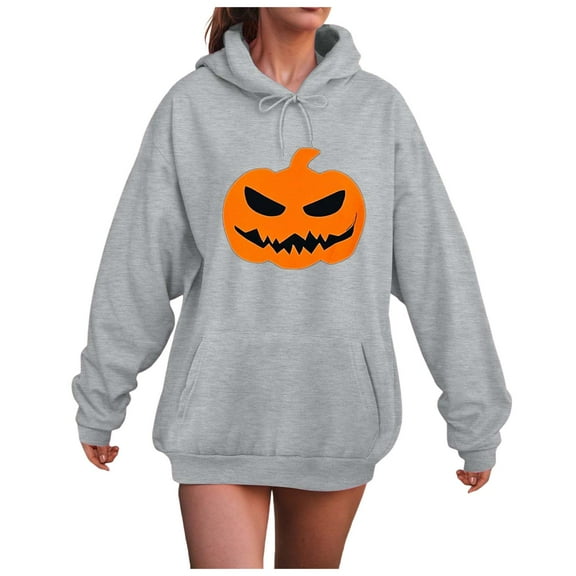 Pimfylm Oversized Halloween Hoodies for Women Crew Neck Long Sleeve Witch Pumpkin Bat Ghost Print Sweatshirts Light Gray, XXXL