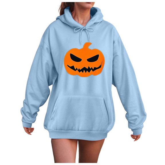 Pimfylm Oversized Halloween Hoodies for Women Crew Neck Long Sleeve Witch Pumpkin Bat Ghost Print Sweatshirts Sky Blue, XXXL