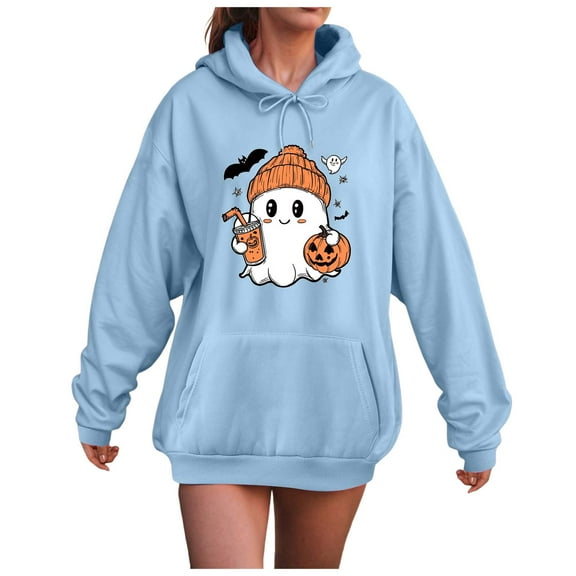 Pimfylm Oversized Halloween Hoodies for Women Crew Neck Long Sleeve Witch Pumpkin Bat Ghost Print Sweatshirts Sky Blue, XXXL