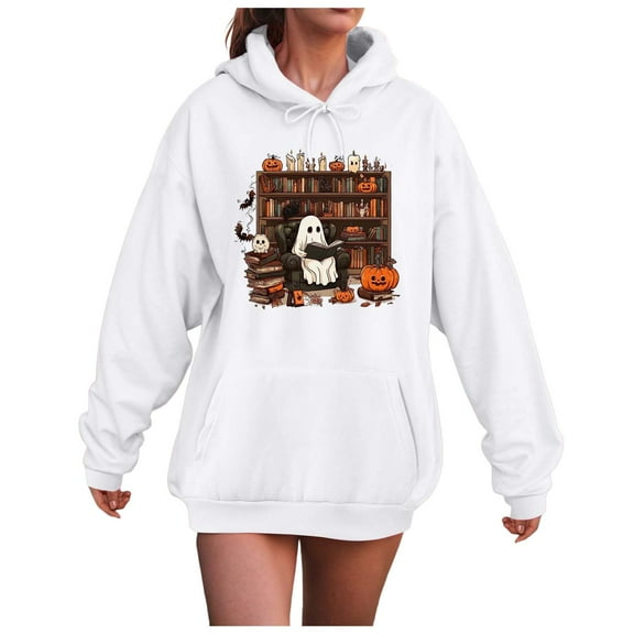 Pimfylm Oversized Halloween Hoodies for Women Crew Neck Long Sleeve Witch Pumpkin Bat Ghost Print Sweatshirts White, XXXL