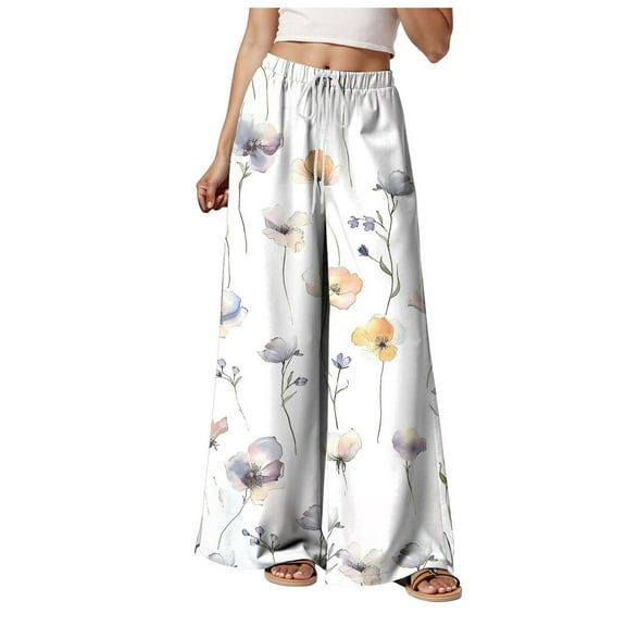Pimfylm Palazzo Pants for Women with Pockets Wide Leg High Elastic Waist Boho Loose Flowy Lounge Trousers Long Dressy Bottoms White, S