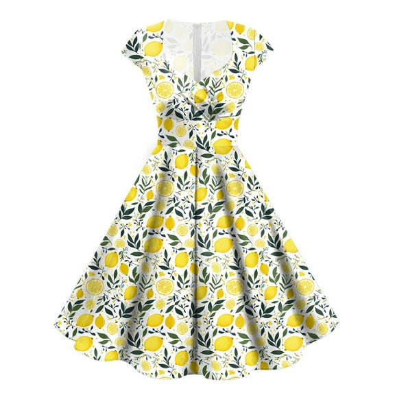 Pimfylm Party Dresses for Women Elegant Classy 2025 Vintage 1950s Cocktail V Neck Short Sleeve A Line Midi Swing Dress Light Yellow, L