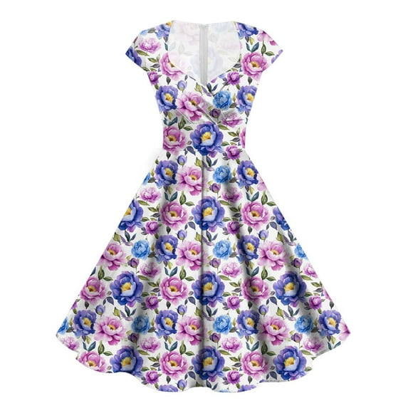 Pimfylm Party Dresses for Women Elegant Classy 2025 Vintage 1950s Cocktail V Neck Short Sleeve A Line Midi Swing Dress Purple, S
