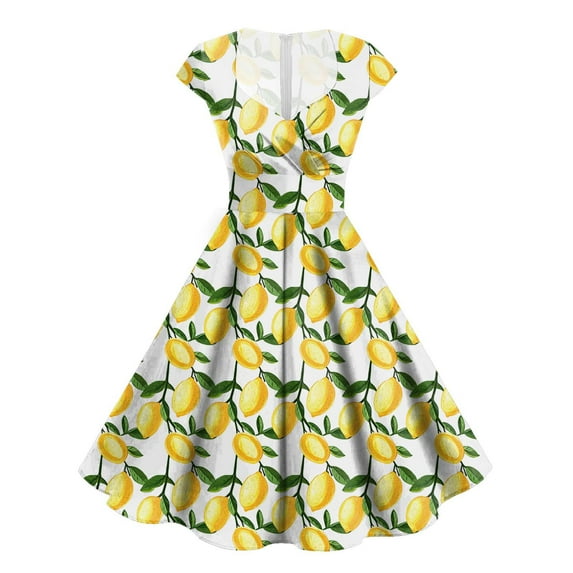 Pimfylm Party Dresses for Women Elegant Classy 2025 Vintage 1950s Cocktail V Neck Short Sleeve A Line Midi Swing Dress Yellow, M