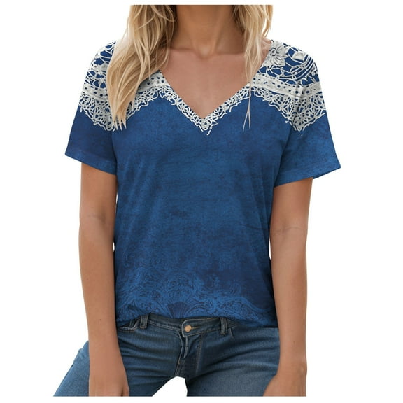 Pimfylm Pleated V Neck Shirts Short Sleeve Summer Business Casual Tops Navy, L