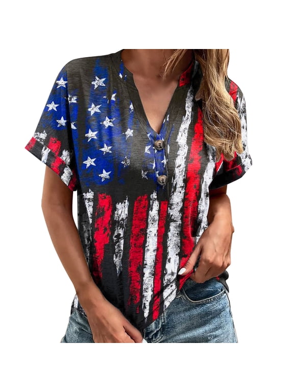 Plus Size Tops American Flag Shirts Womens V Neck Patriotic Tshirt USA Graphic Tee 4th of July T-Shirt(Black,L)