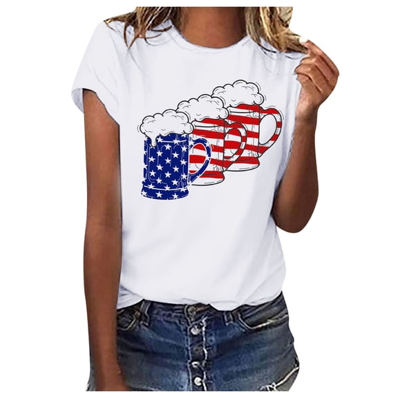 Pimfylm Plus Womens Tops Dressy Casual Crewneck Short Sleeve Women's Shirts 4th of July Trendy Patriotic Graphic Tunic Top Summer Beach(White,XL)