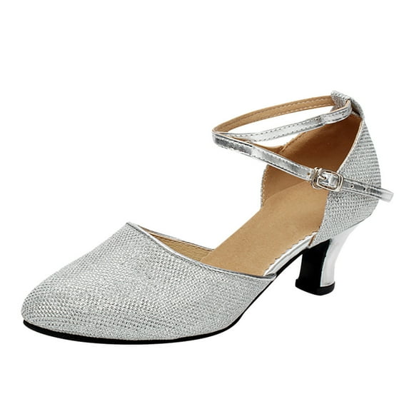 Pimfylm Pumps Womenâs Low Block Heels Closed Toe Dress Pumps Shoes Silver 6.5
