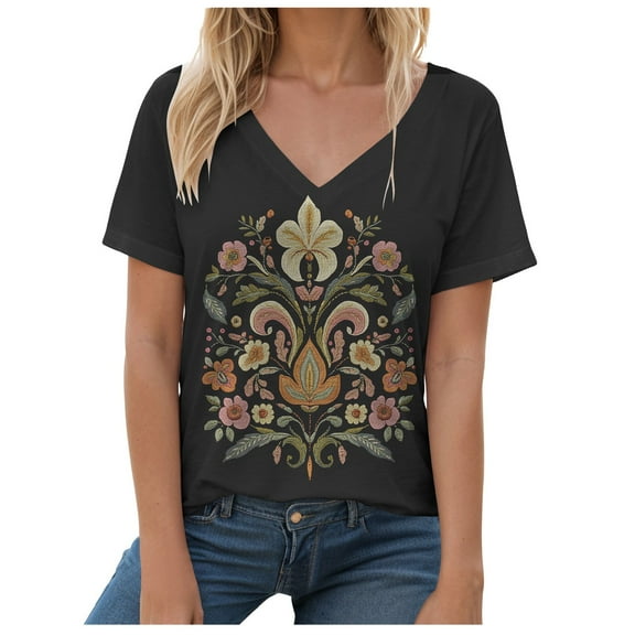 Pimfylm Short Sleeve Shirts for Women,Womens Summer Tops 2025 V Neck Casual Dressy Tee Fashion Loose Fit Floral Print Outfits Black, L