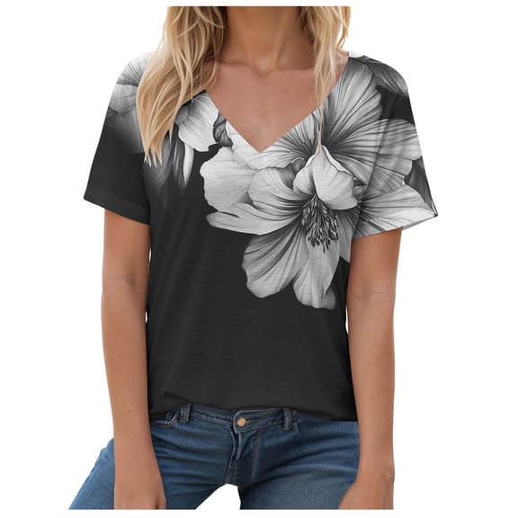 Pimfylm Short Sleeve Shirts for Women,Womens Summer Tops 2025 V Neck Casual Dressy Tee Fashion Loose Fit Floral Print Outfits Grey, L