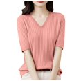 thumbnail image 1 of Pimfylm Short Sleeve Sweater for Women V Neck Lightweight Pullover Sweaters Loose Dressy Fashion Spring Sweaters Pink, S, 1 of 5
