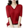 thumbnail image 1 of Pimfylm Short Sleeve Sweater for Women V Neck Lightweight Pullover Sweaters Loose Dressy Fashion Spring Sweaters Red, M, 1 of 5