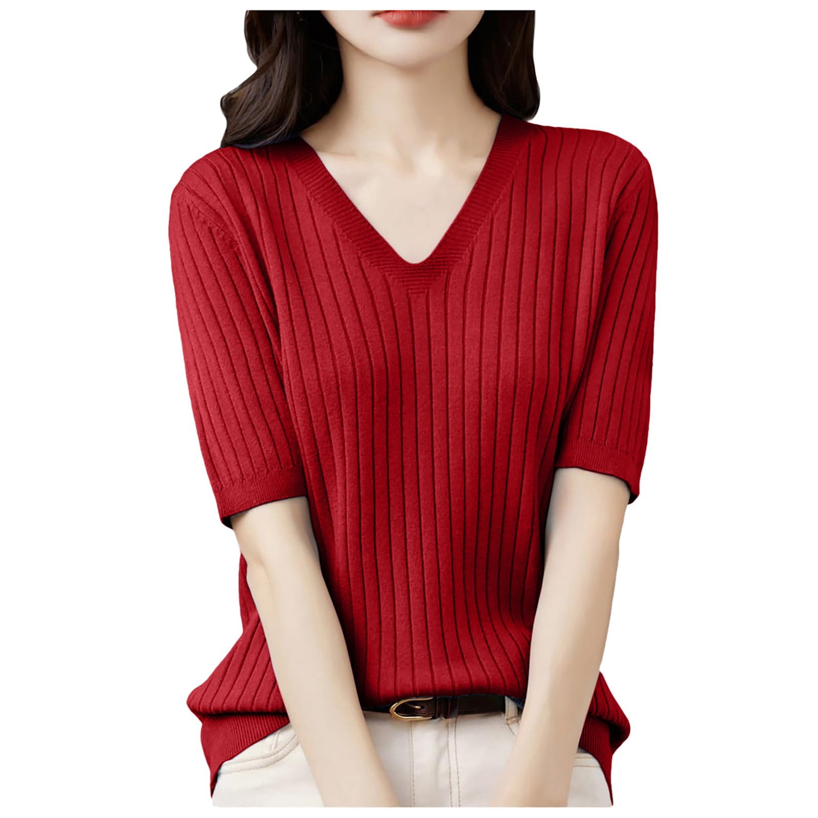 Spring Pullover Pimfylm Short Sleeve Sweater for Women V Neck Lightweight Pullover ...