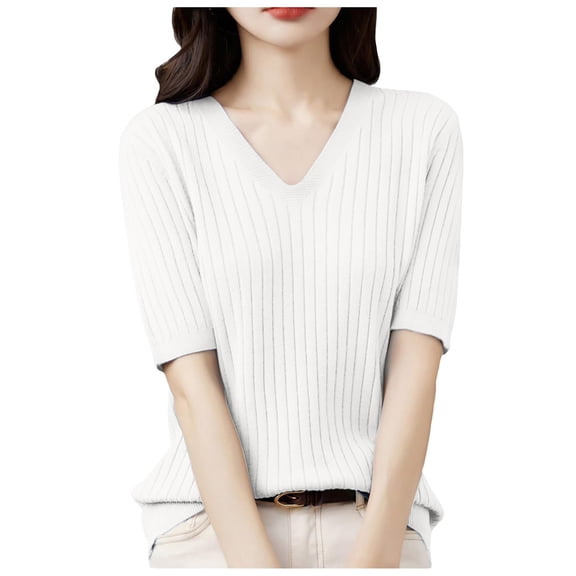 Pimfylm Short Sleeve Sweater for Women V Neck Lightweight Pullover Sweaters Loose Dressy Fashion Spring Sweaters White, XXL