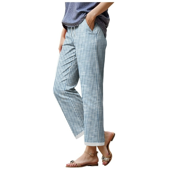 Pimfylm Side Stripe Pants Women for Beach Vacation Clothes for Womens Linen Straight Leg Capri Pants with Pockets Blue, 3XL