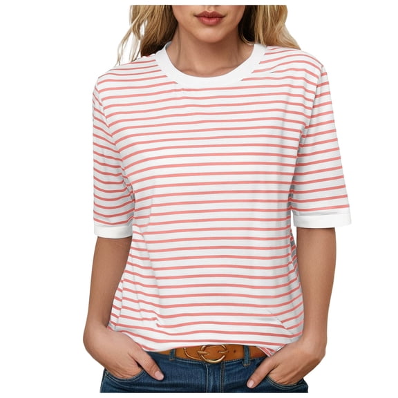 Pimfylm Stylish and Comfortable Women's Short Sleeve Strip T Shirt Versatile for Casual Beach and Everyday Wear Womens Pink, S