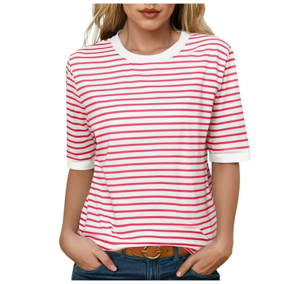 Pimfylm Stylish and Comfortable Women's Short Sleeve Strip T Shirt Versatile for Casual Beach and Everyday Wear Womens Red, S