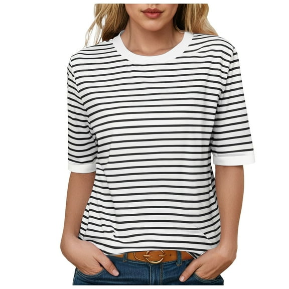 Pimfylm Stylish and Comfortable Women's Short Sleeve Strip T Shirt Versatile for Casual Beach and Everyday Wear Womens White, XXL