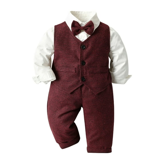 Pimfylm Suits Boys Baby Toddler Boy Formal Gentleman Suits,Dress Short Shirt With Bowtie+Suspender Pants Dressy Outfit 3PCS Light Gray,Size for 90