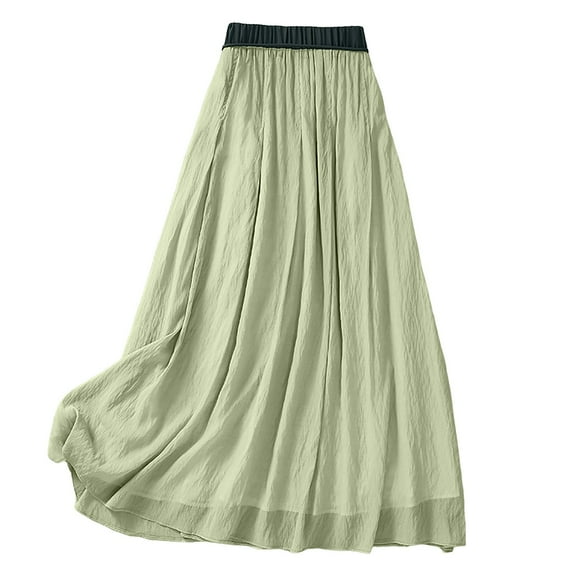 Pimfylm Summer Cotton Linen Skirts for Women Trendy A-Line Flowy Long Skirts Lace-Up Elastic Waist Beach Vacation Skirts Green, XXL