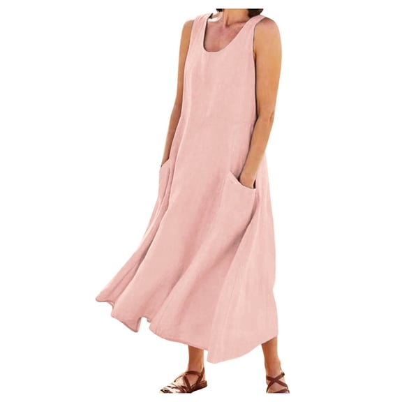 Pimfylm Summer Linen Dresses for Women 2025 Casual Scoop Neck Sleeveless Loose Tank Dress Beach Maxi Sundress with Pockets Pink, S