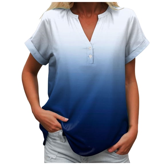Pimfylm Summer Tops for Women 2025 Trendy Short Sleeve Cotton Linen Shirt Casual Button V Neck Tunic Blouses Vacation Dark Blue, S