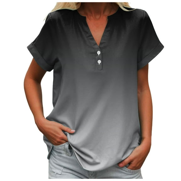 Pimfylm Summer Tops for Women 2025 Trendy Short Sleeve Cotton Linen Shirt Casual Button V Neck Tunic Blouses Vacation Dark Gray, XXXXXL