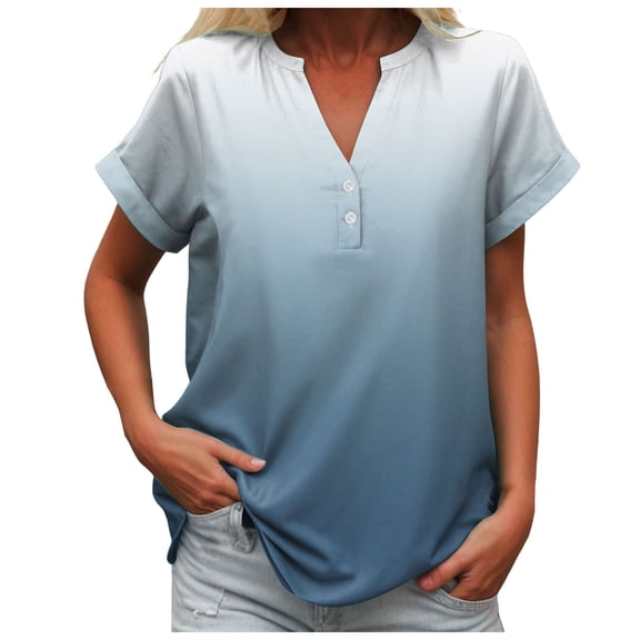 Pimfylm Summer Tops for Women 2025 Trendy Short Sleeve Cotton Linen Shirt Casual Button V Neck Tunic Blouses Vacation Light Blue, S