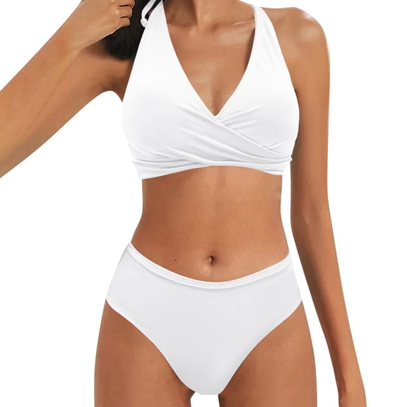 Pimfylm Swimsuits for Women Two Piece Bathing Suits Bra Top with High Waisted Bottom Wrap Bikini Set(White,M)