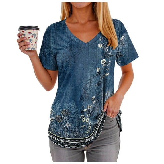 Pimfylm T Shirts for Women V Neck Dressy Casual Blouses Puff Short Sleeve Summer Tops Loose Fit Navy, XXL