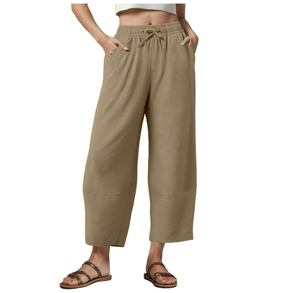 Pimfylm Tall Women Casual Linen Pants Inseam Drawstring Smocked Waist Beach Summer Trousers with Pockets Coffee, S