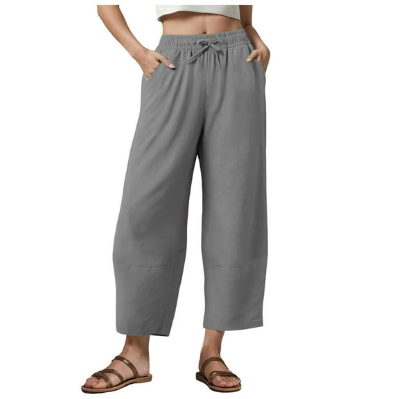 Pimfylm Tall Women Casual Linen Pants Inseam Drawstring Smocked Waist Beach Summer Trousers with Pockets Grey, S