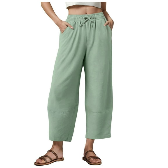 Pimfylm Tall Women Casual Linen Pants Inseam Drawstring Smocked Waist Beach Summer Trousers with Pockets Light Green, S