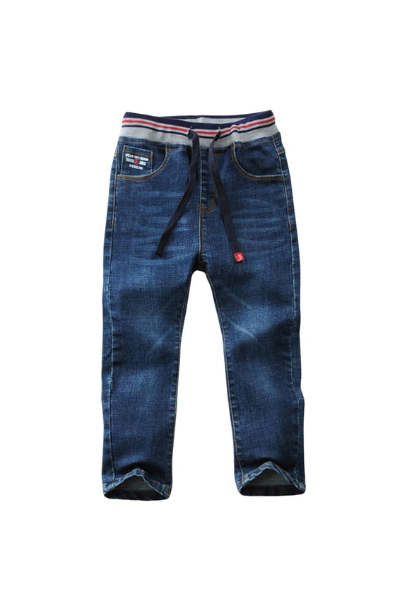 Teen Boy Straight Fit Jeans Boys Cargo Jeans Kids Baggy Elastic Waist Wide Leg Denim Pants with Pockets Dark Blue,Size for 9-10 Years