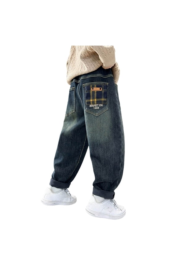 Teen Boy Wide Leg Jeans Boys Baggy Jeans, Wide Leg Elastic Waist Denim Pants Loose Fit Trousers Vintage Y2K Streetwear Blue,Size for 9-10 Years