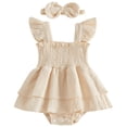 thumbnail image 1 of Pimfylm Toddler Girl 4th of July Outfit Baby Girl Clothes Summer Smocked Romper Short Sleeve Jumpsuit Outfit Cute Clothing Size for 0-3 Months,Beige, 1 of 7