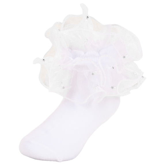 Pimfylm Toddler Girl Socks Ruffle Dress Cotton Socks Pearl Girls Baby Socks Solid Color Cotton Princess Socks Performance Dance Socks Size for 6-8 Years,White